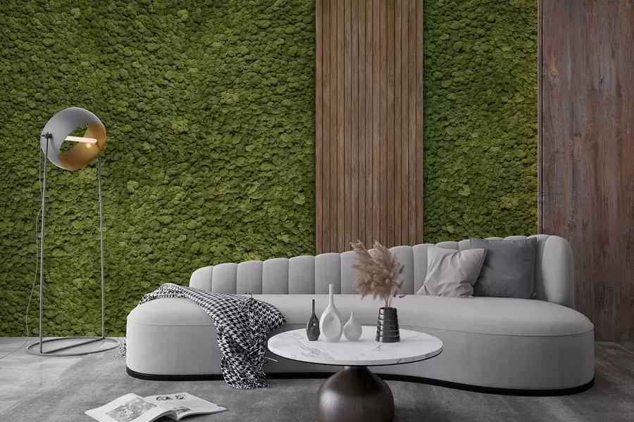 murales de pared Pared estilo musgo con panel de madera, exuberantes colores oliva w02656v3