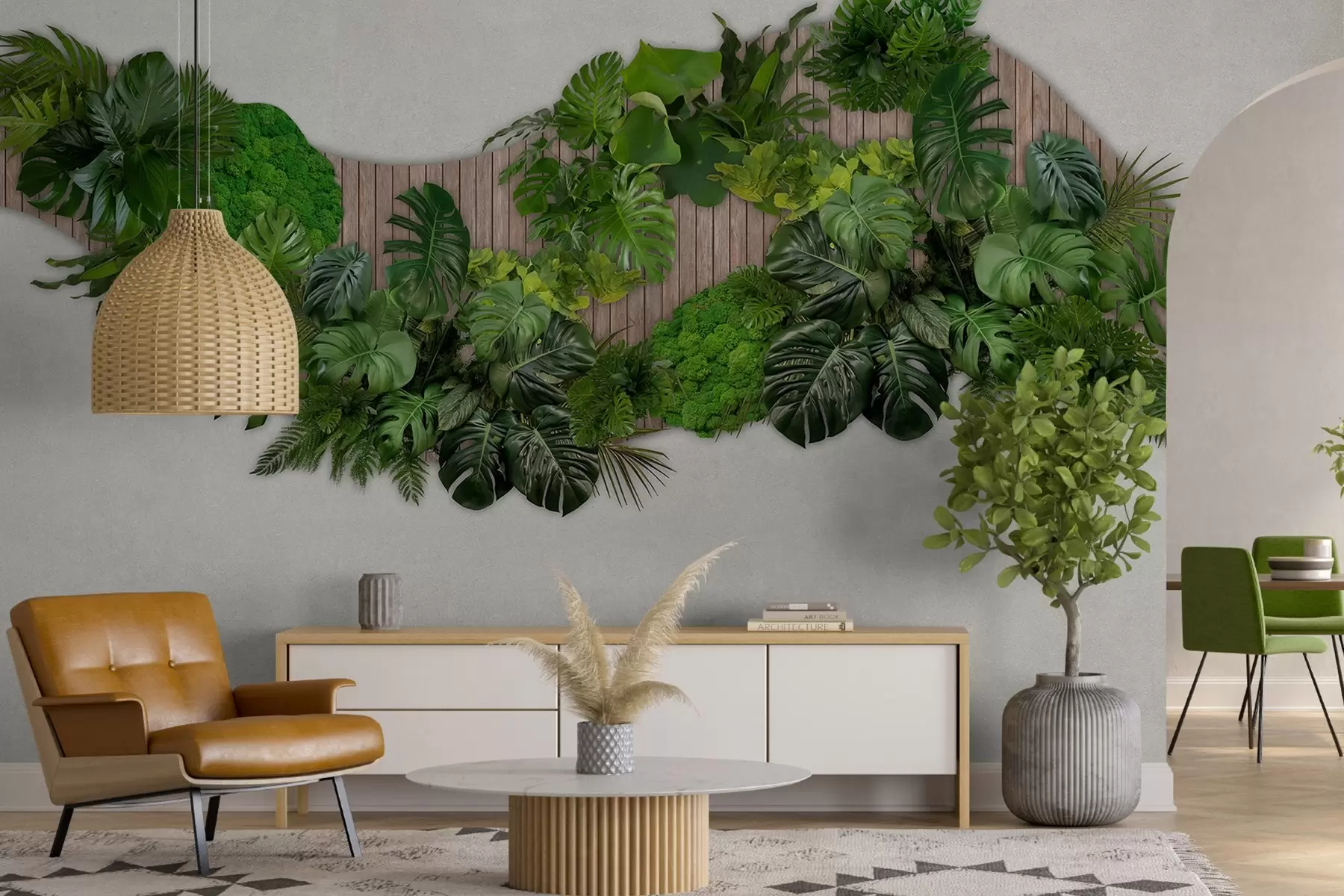 murales de pared Panel floral con hojas de palmera, musgo y fondo de madera w02717