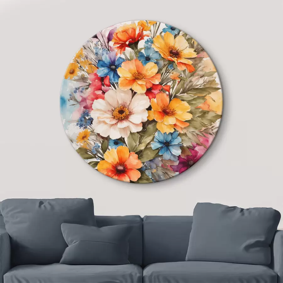 murales de pared Ramo de acuarela de flores rosas, amarillas, azules y rojas r36121