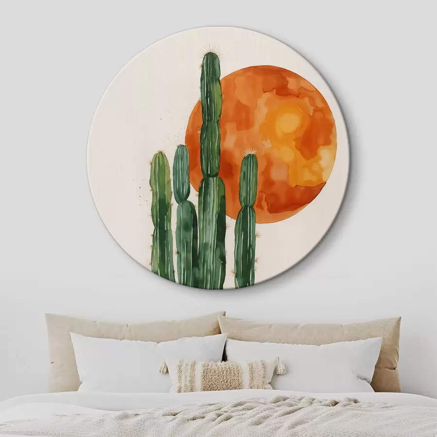 murales de pared Cactus en el desierto contra el fondo del sol en acuarela r36269