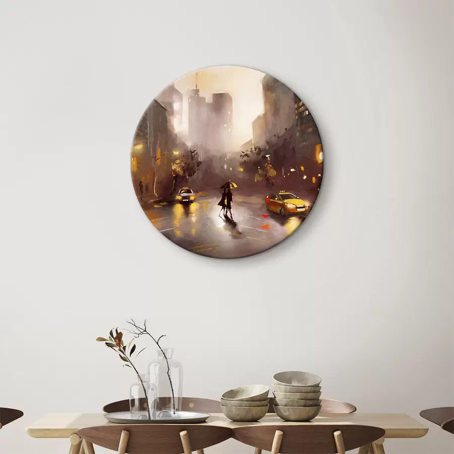 murales de pared Persona con paraguas caminando por calle mojada con coches y edificios r36600