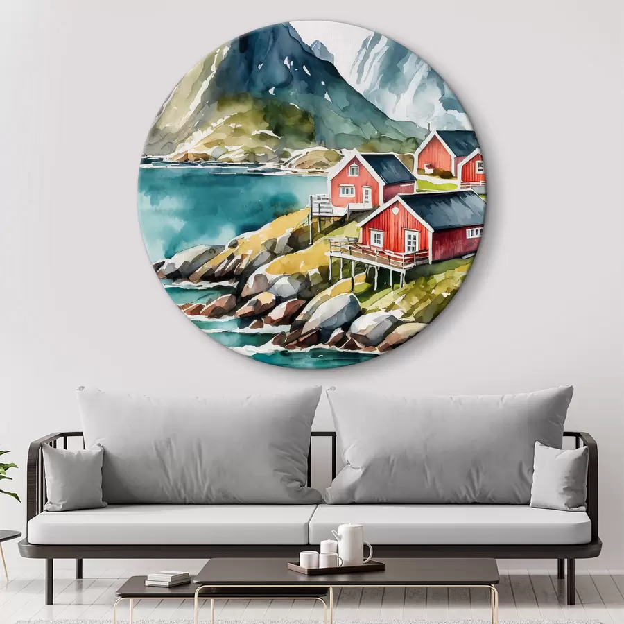 murales de pared Acuarela de casas en una colina junto a un embalse r36678