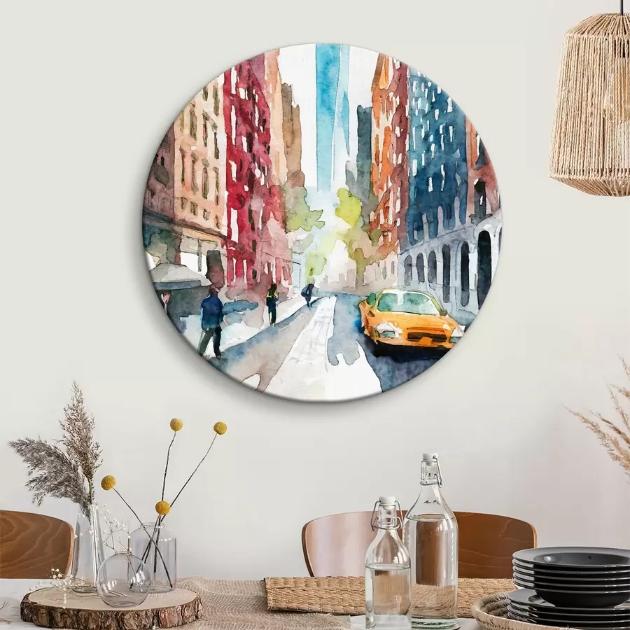 murales de pared Acuarela que representa una calle con edificios y una alta torre al fondo r37346