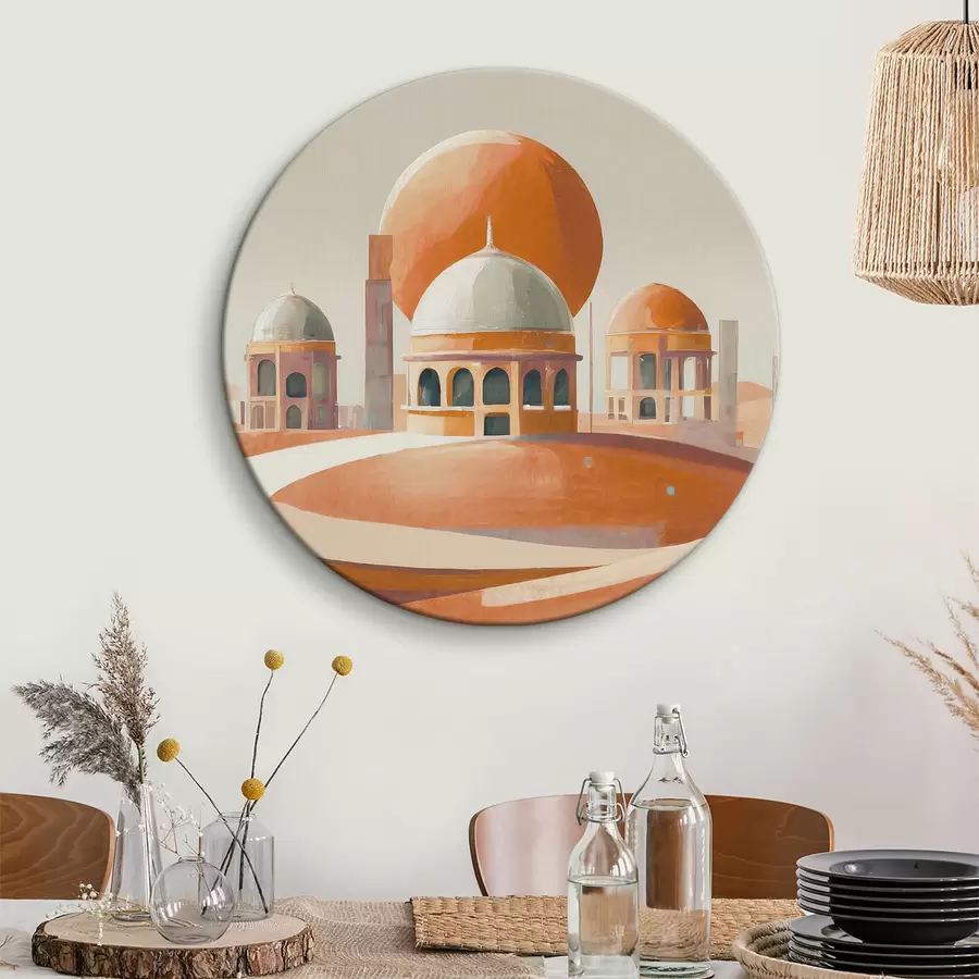 murales de pared Paisaje desértico con edificios y una gran bola naranja r37812