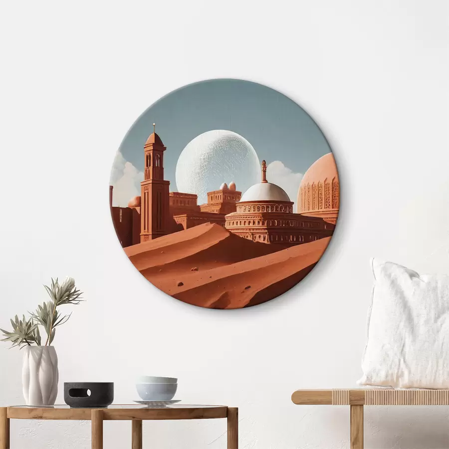murales de pared Paisaje desértico con edificios y una gran bola blanca r37814