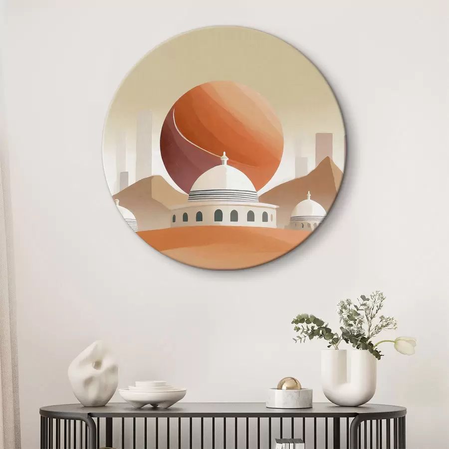 murales de pared Paisaje desértico con edificios y una gran bola roja r37817