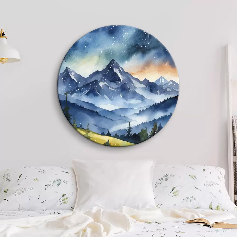 murales de pared Acuarela paisaje de montaña, bosque, cielo nocturno estrellado, colores del atardecer r37946