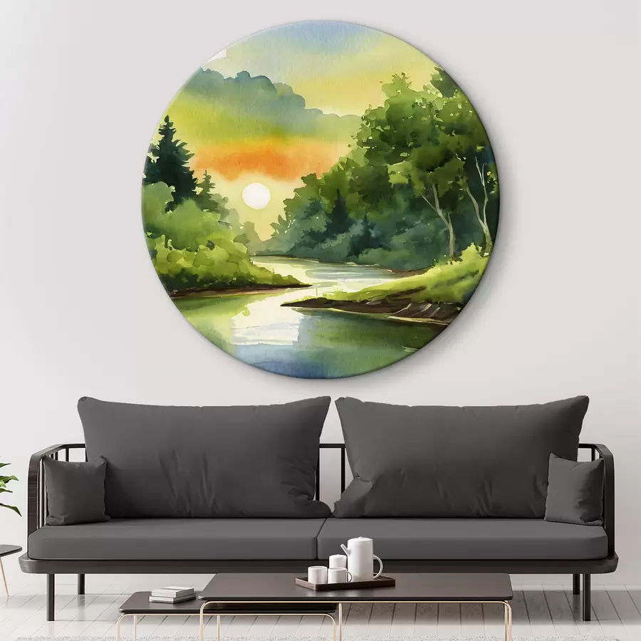murales de pared Puesta de sol en el río, bosque, acuarela, puesta de sol, verde, naturaleza r37949