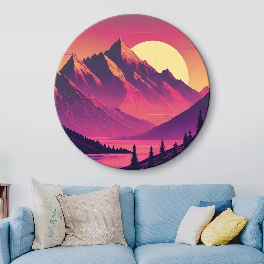 murales de pared Paisaje abstracto de montaña, colores vivos, rosa, cielo al atardecer, futurista, sol, bosque r38000