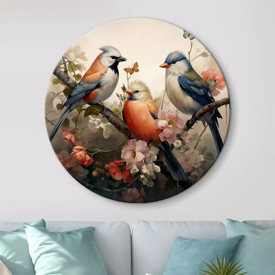 murales de pared Un grupo de pájaros en una rama con flores r38103