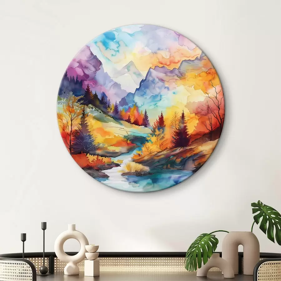 murales de pared Colorido paisaje de montaña con árboles y río r38145