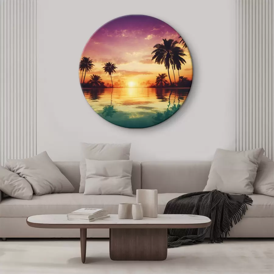 murales de pared Puesta de sol sobre un embalse con palmeras r38183