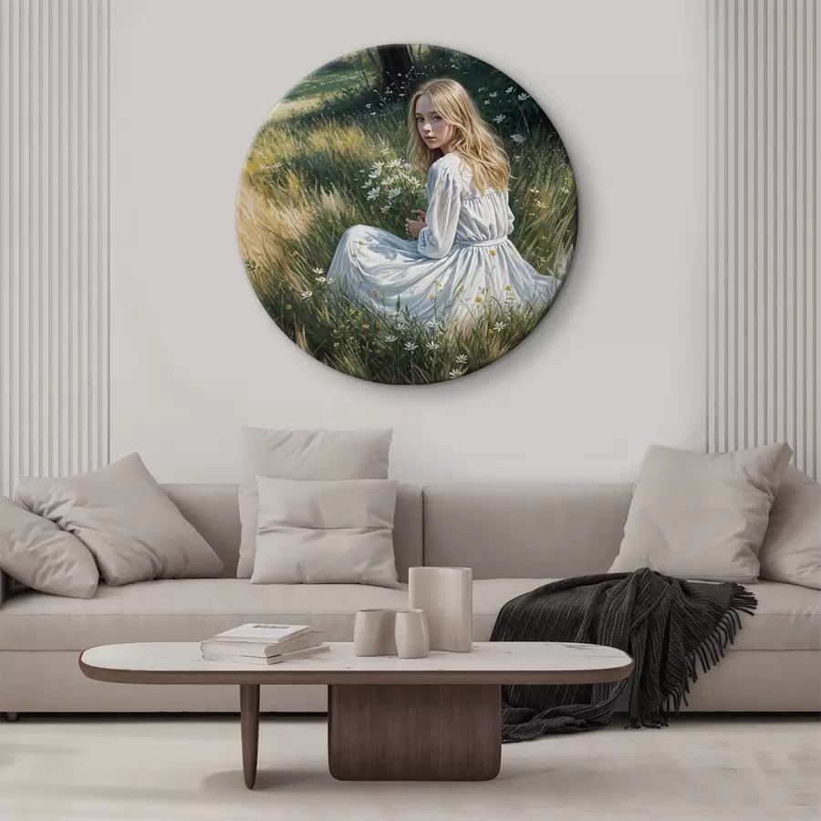 murales de pared Una chica con un vestido blanco sentada en un campo de flores r38196