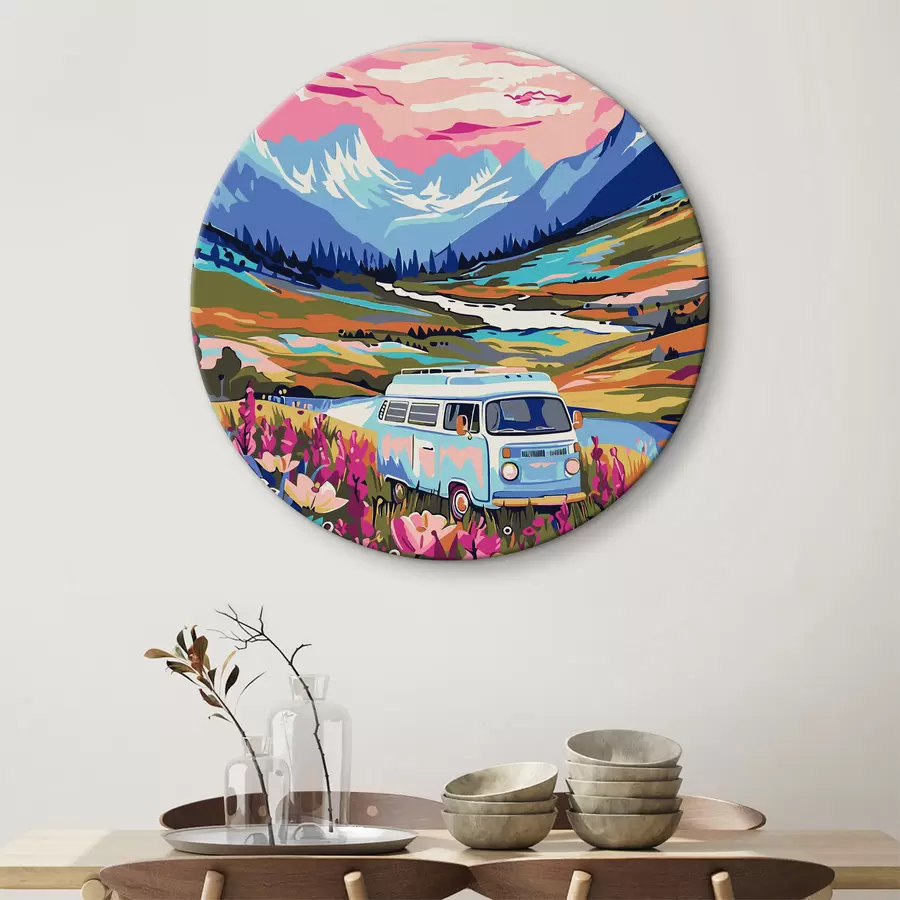 murales de pared Una furgoneta atraviesa un campo de flores r38260