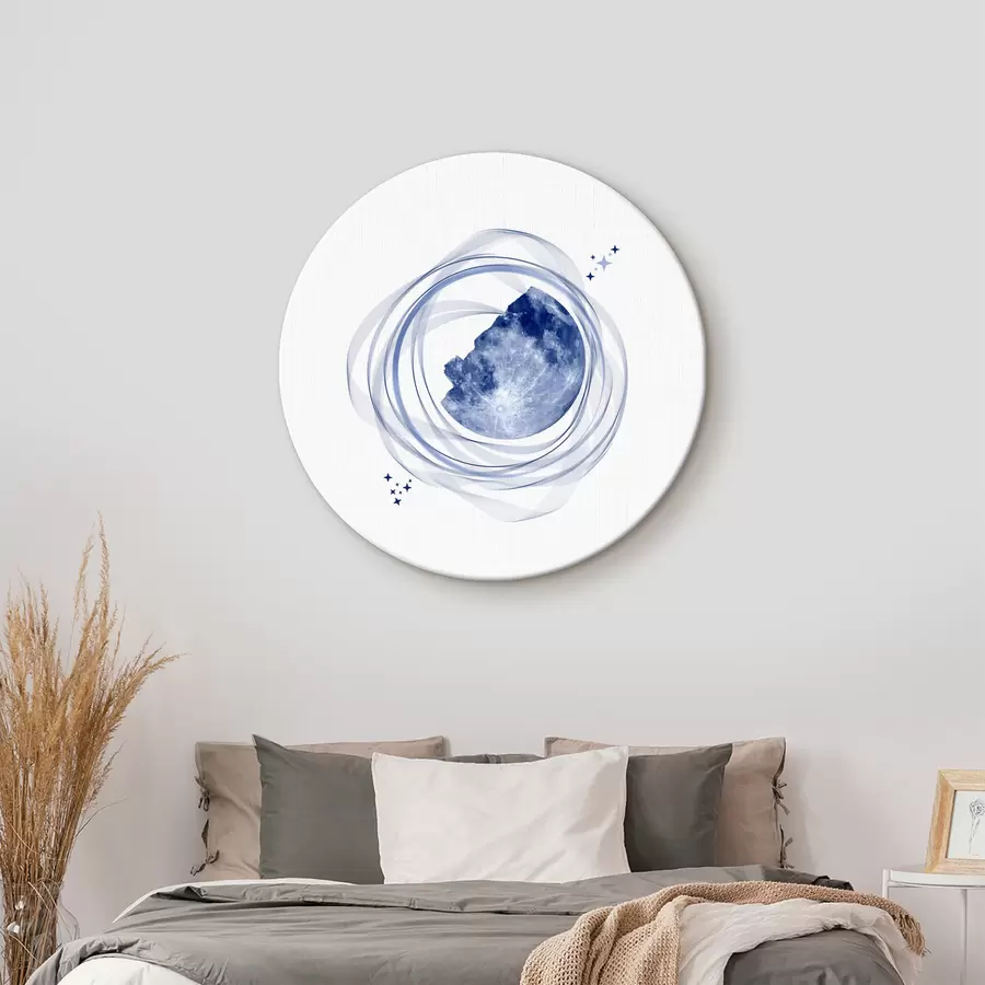 murales de pared Órbita lunar, media luna, minimalismo, espacio, tiempo, líneas curvas borrosas, estrellas, galaxia, color azul r38280