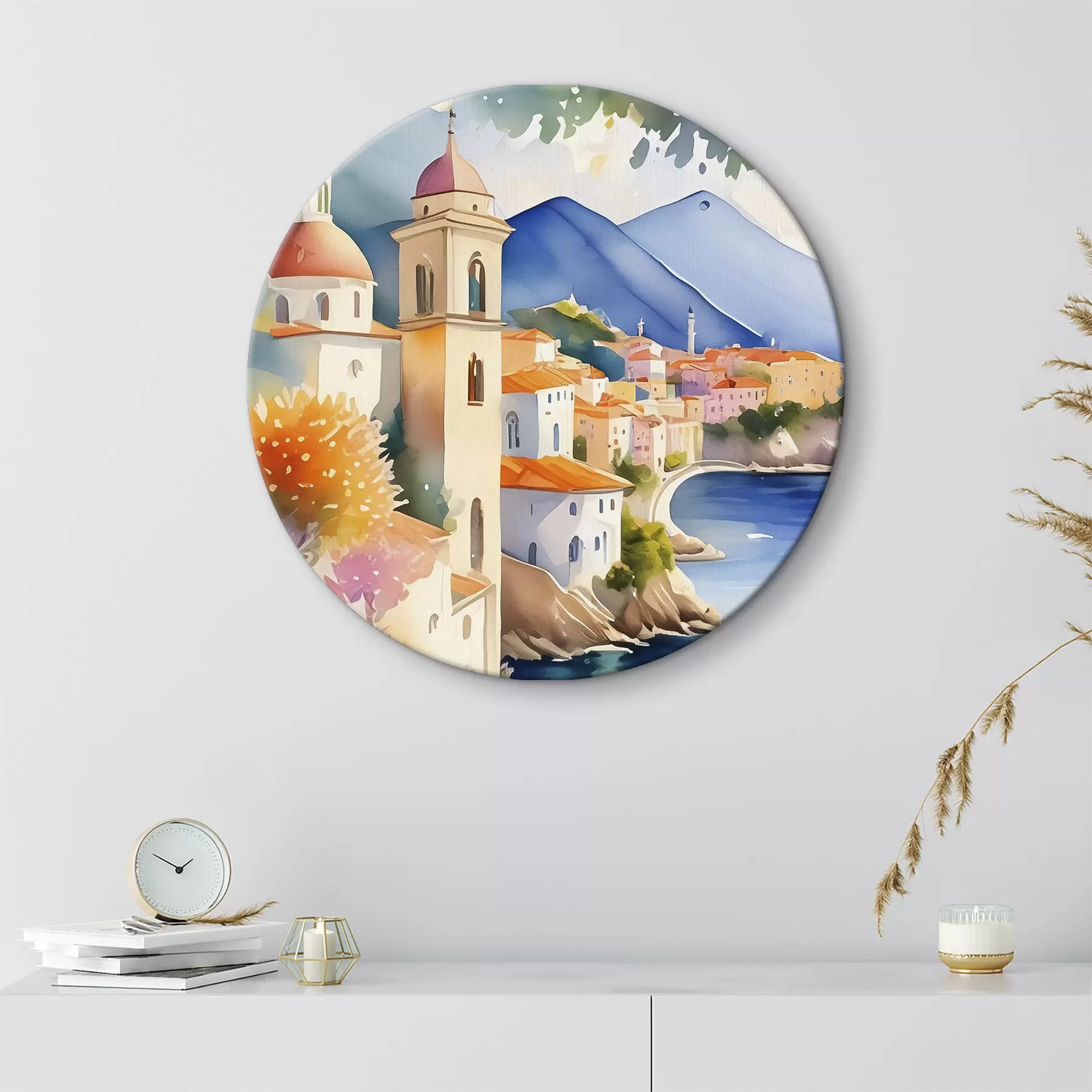 murales de pared Una acuarela que representa una ciudad al borde de un embalse r38407