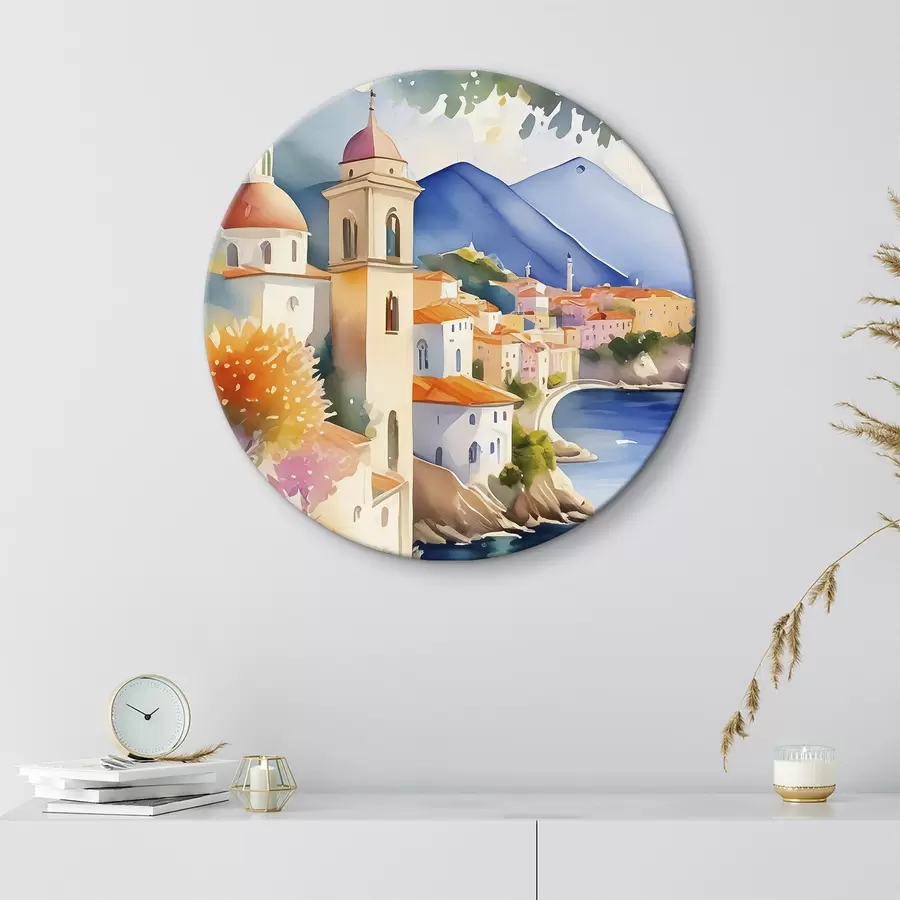 murales de pared Una acuarela que representa una ciudad al borde de un embalse r38407