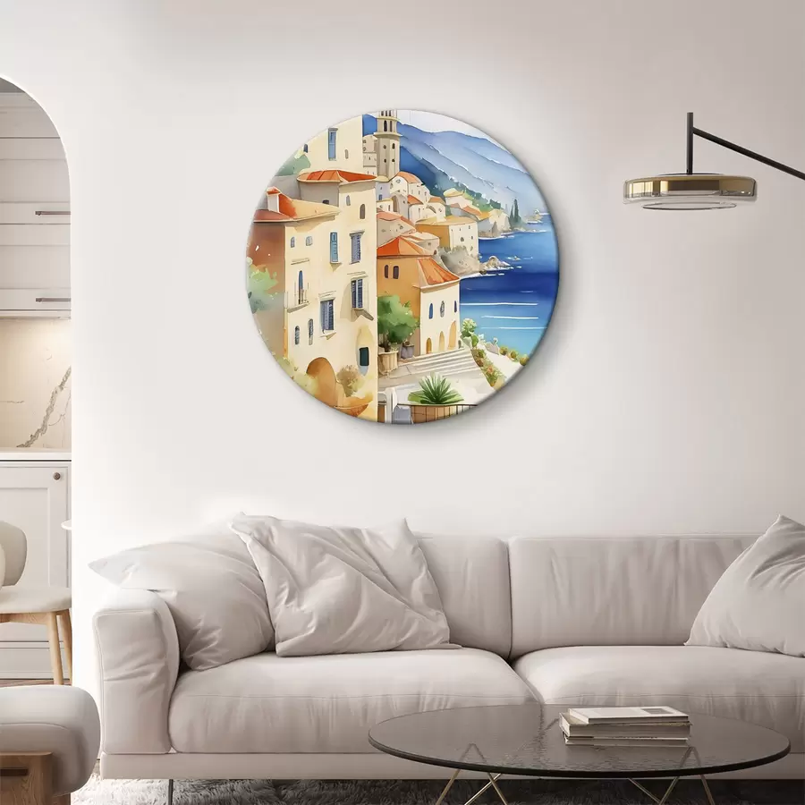 murales de pared Una acuarela que representa una ciudad en una colina sobre el mar r38409