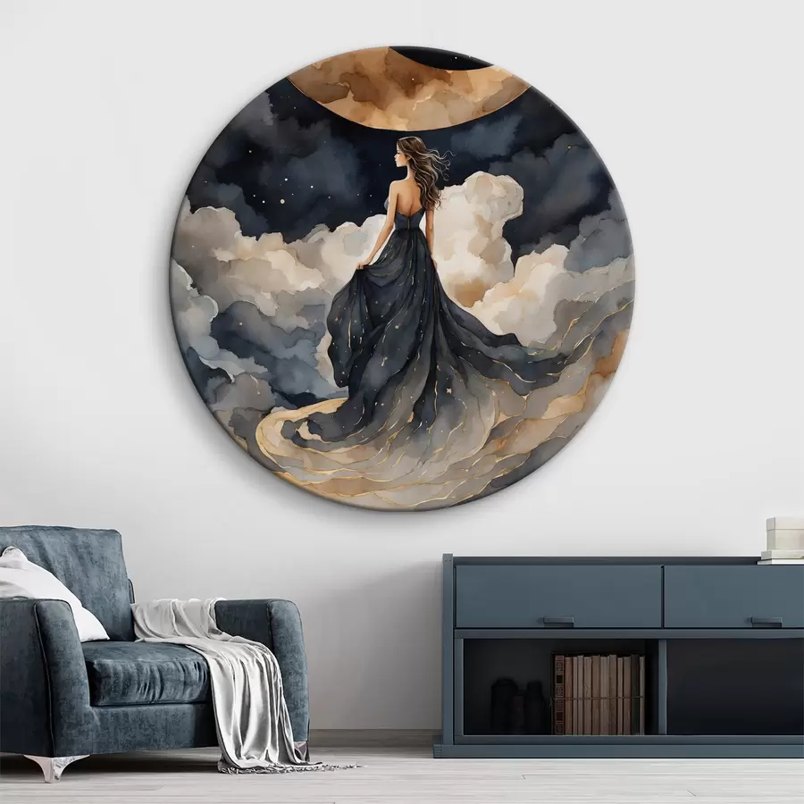 murales de pared Mujer con vestido azul y la luna en el cielo r38428