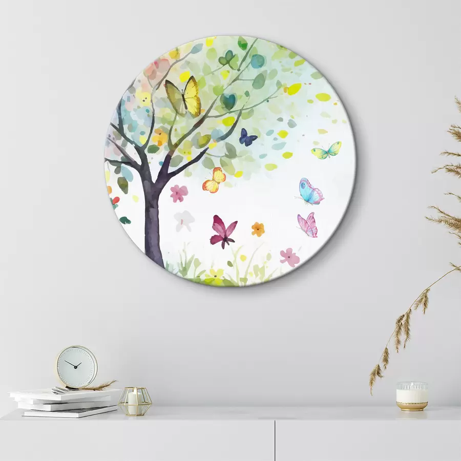 murales de pared árbol con hojas brillantes, pintura acuarela, mariposas r38444
