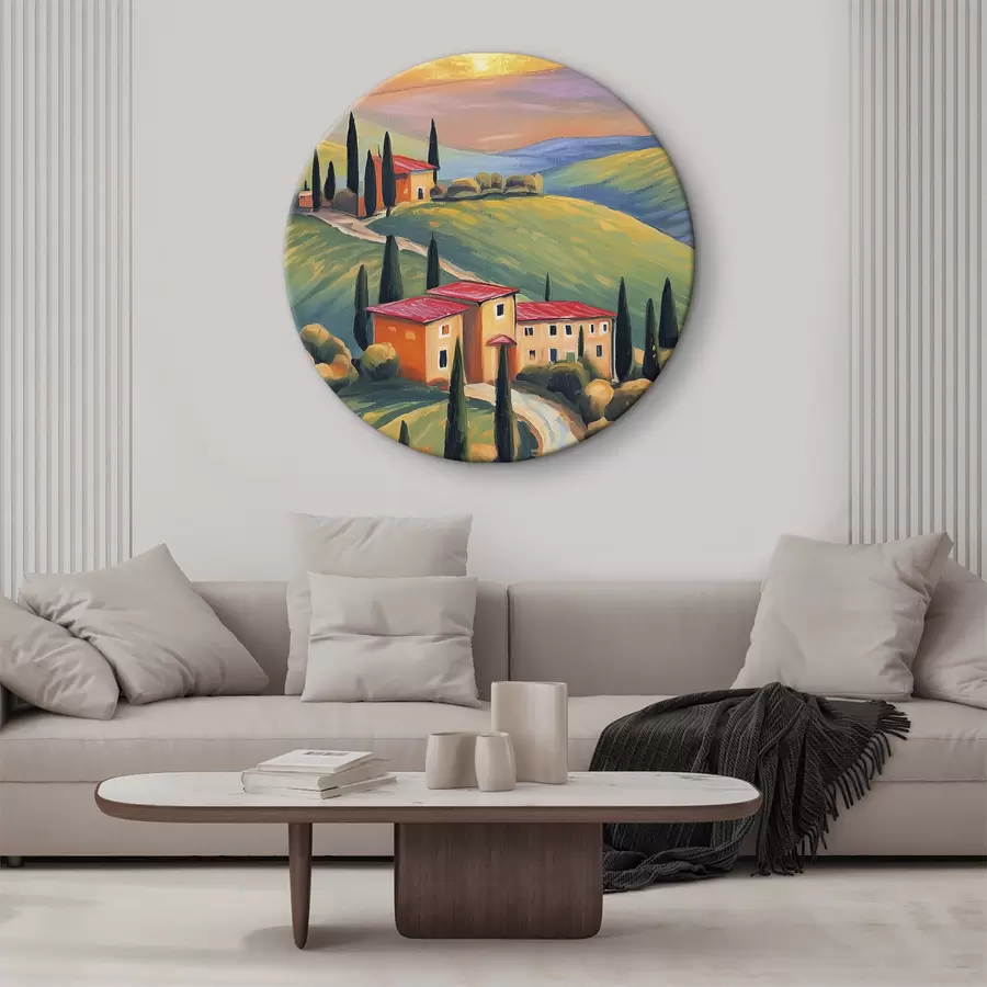 murales de pared Paisajes de la Toscana, Italia, arte acrílico, casas antiguas, campos, verano r38488