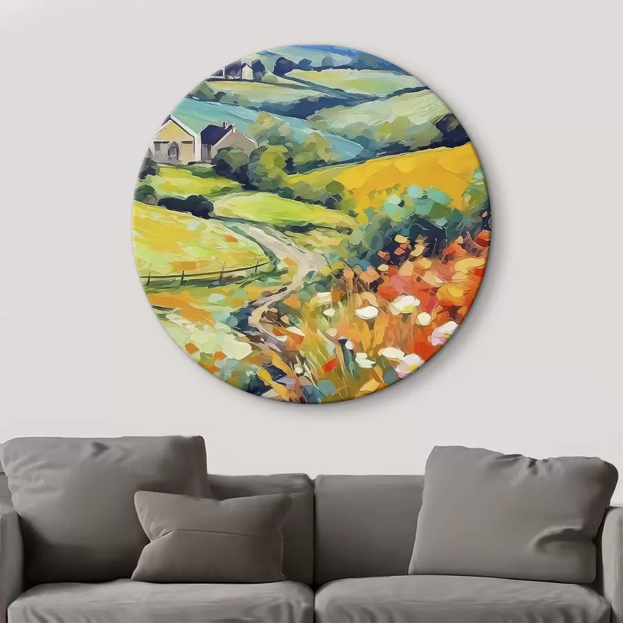 murales de pared Un cuadro que muestra un paisaje con casas y campos r38501