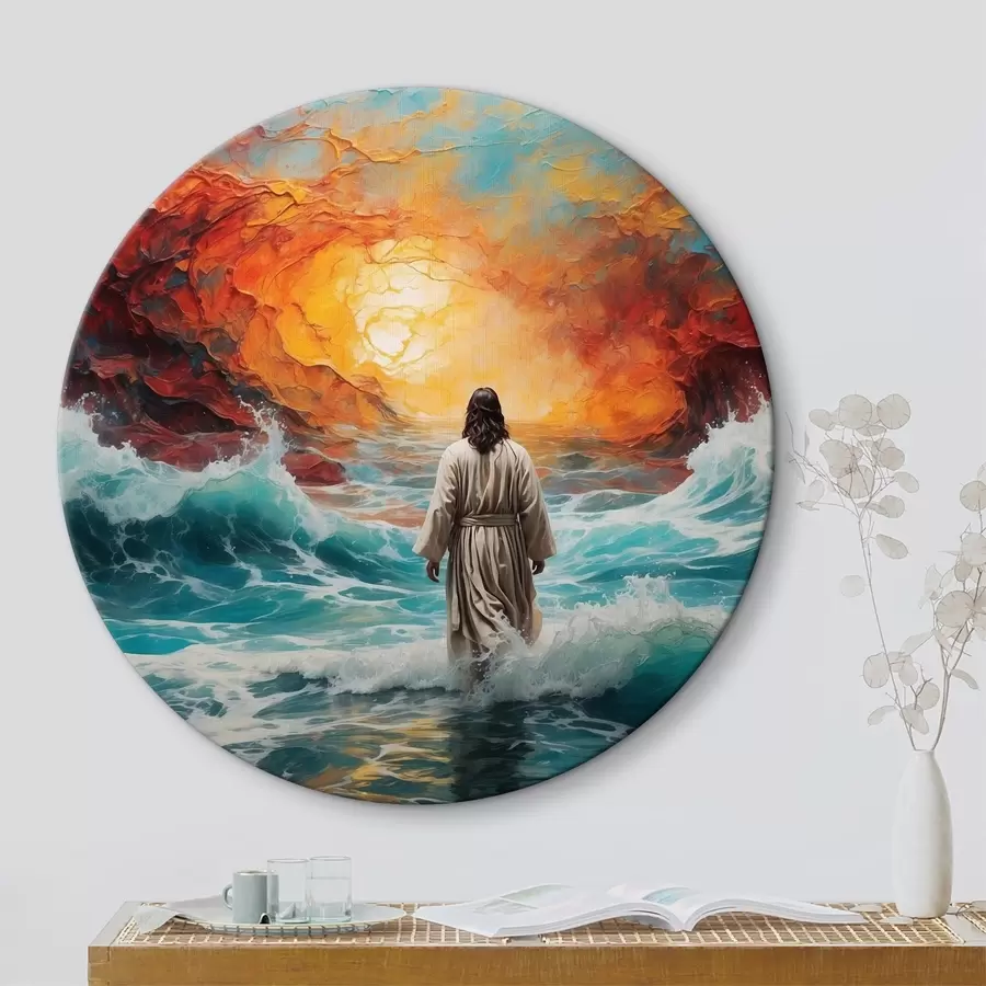 murales de pared Un hombre camina entre el cielo ardiente y el mar r38612