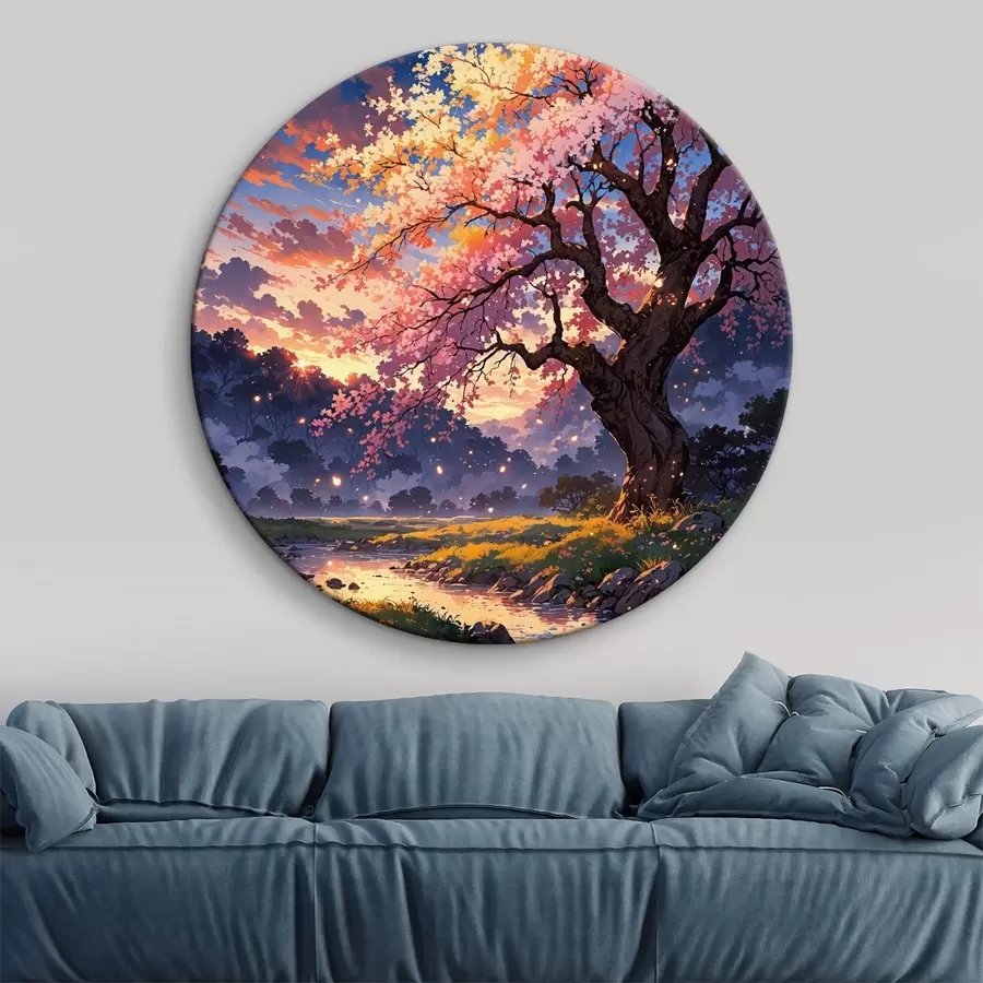 murales de pared Un árbol de flores rosas atravesado por un río r38645