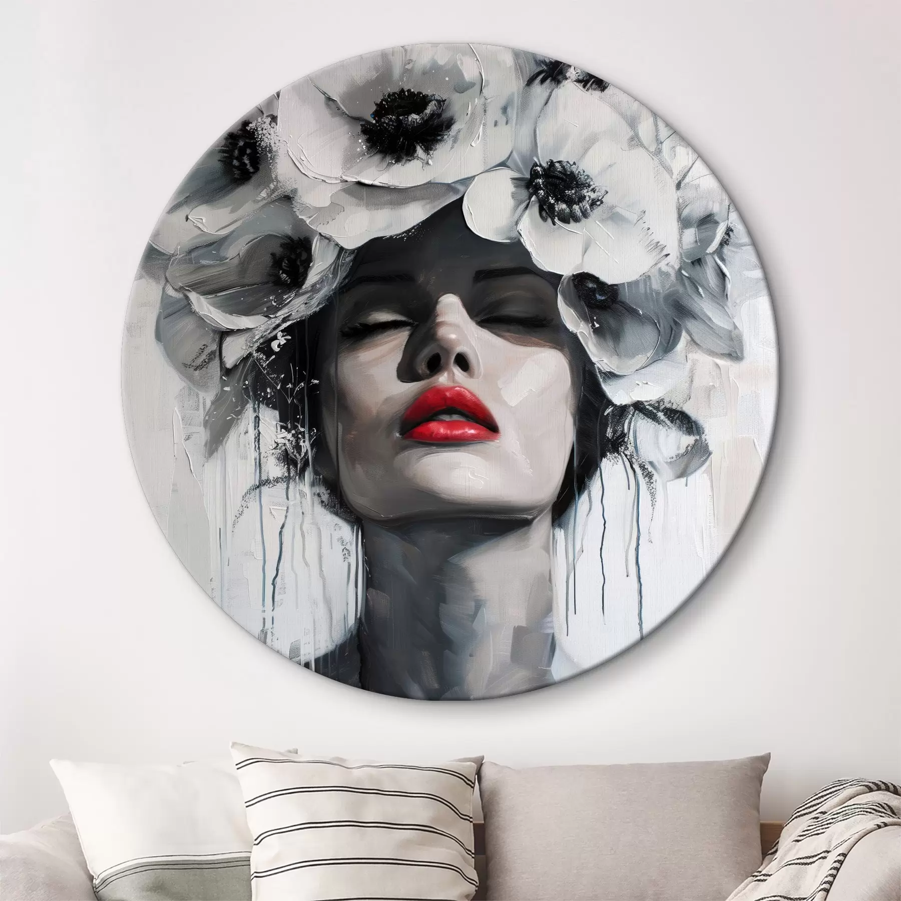 murales de pared Retrato de una mujer con flores en el pelo y labios rojos r39253