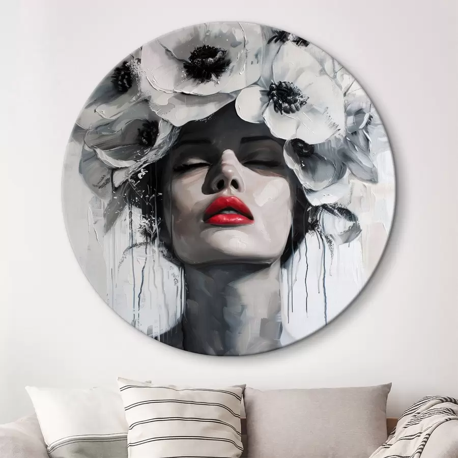 murales de pared Retrato de una mujer con flores en el pelo y labios rojos r39253