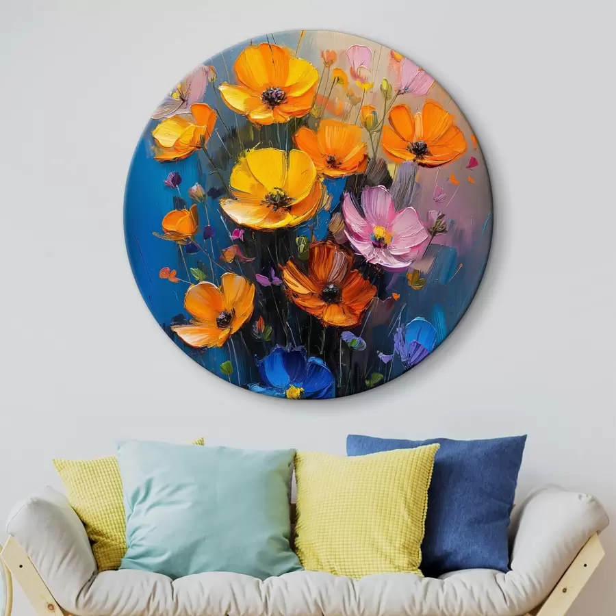 murales de pared Sinfonía pintada: ligeras pinceladas amarillas, naranjas, rosas y azules de amapolas r39454