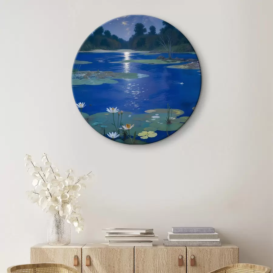 murales de pared Lago de noche con luna llena reflejándose en el agua con árboles verdes y nenúfares r39526