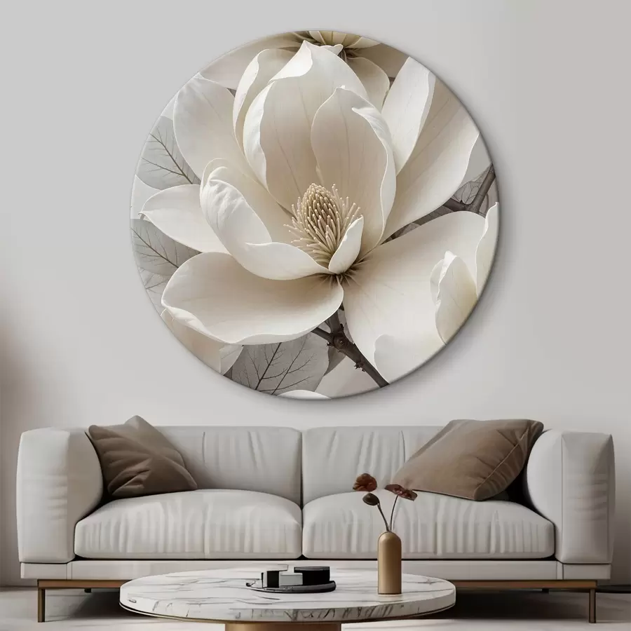 murales de pared Flor de magnolia blanca con delicados pétalos rodeados de hojas verdes sobre fondo claro r39527