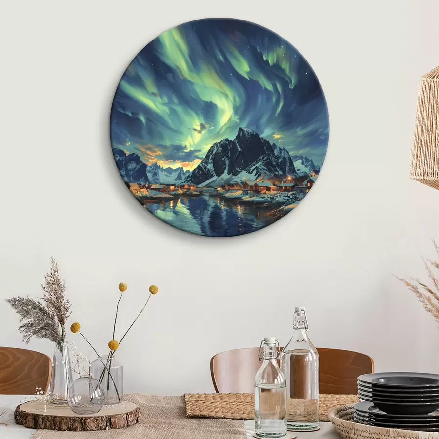 murales de pared Lofoten, auroras boreales, pueblo de invierno r40299