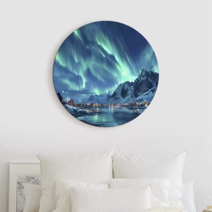 murales de pared Noruega pueblo de invierno, aurora boreal, cielo nocturno r40300