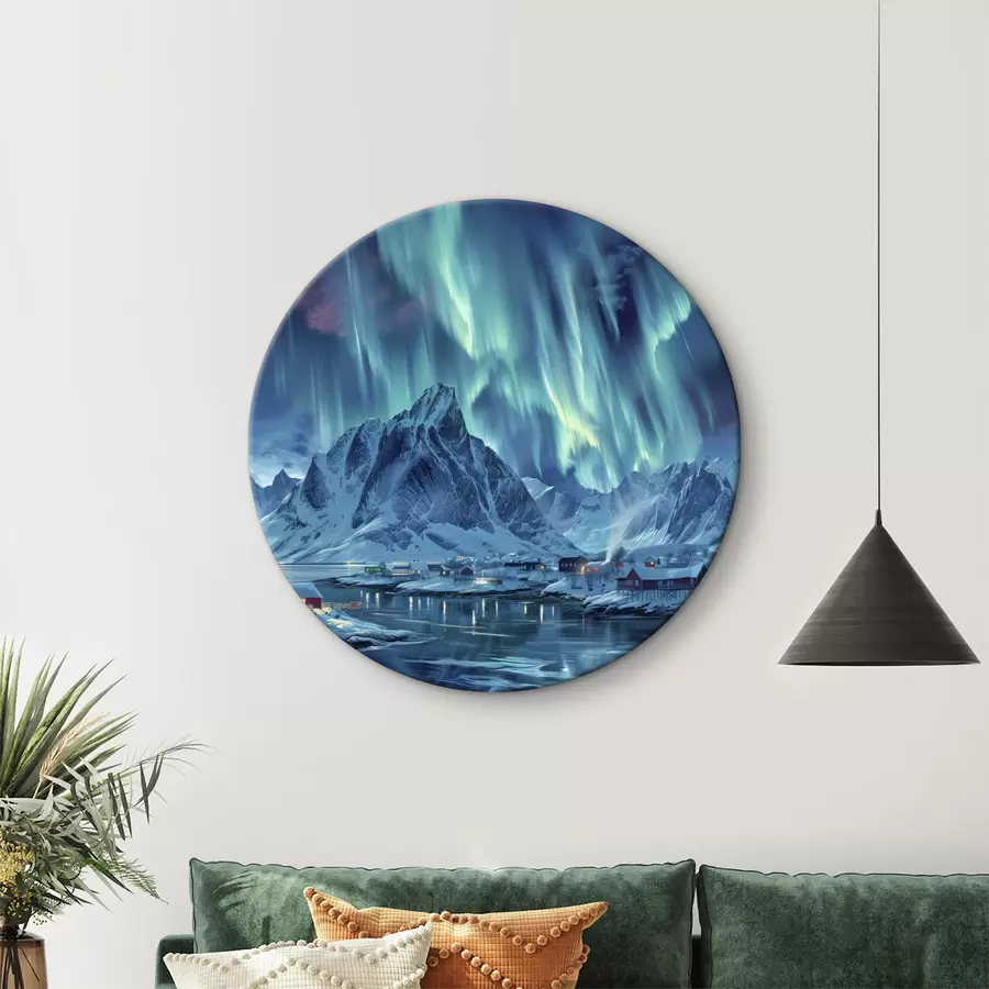 murales de pared Mágica aurora boreal, pueblo de invierno en Noruega r40301