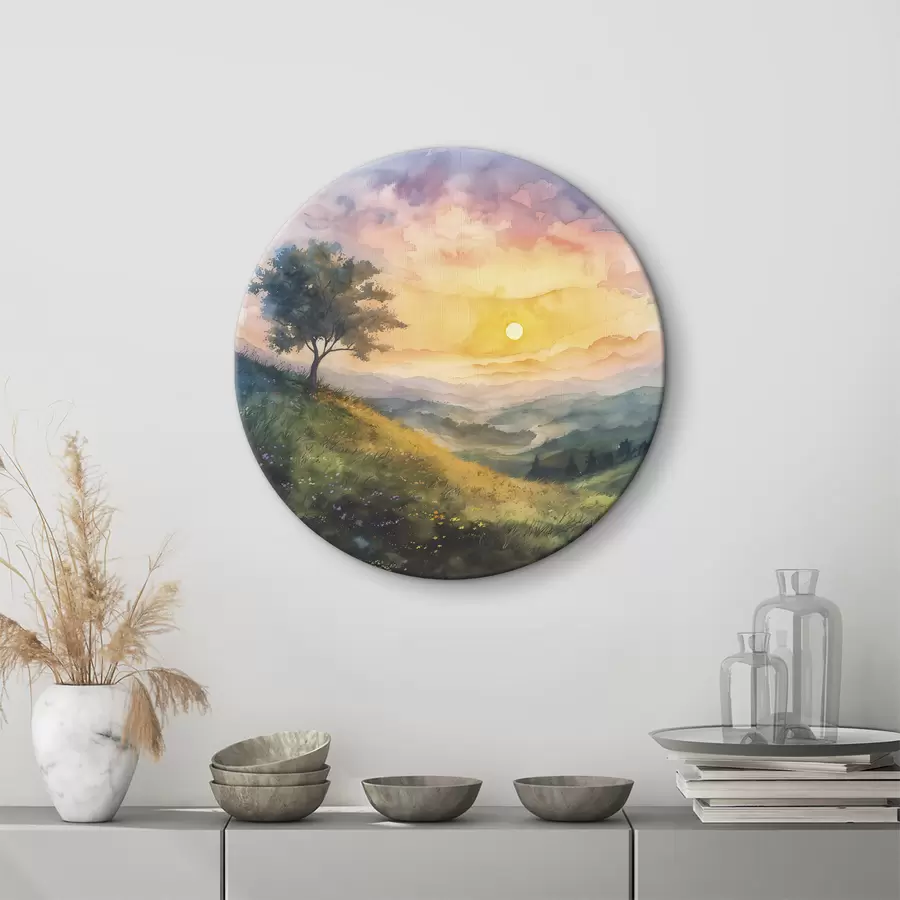 murales de pared Pradera con colinas y árboles, flores, acuarela r40303