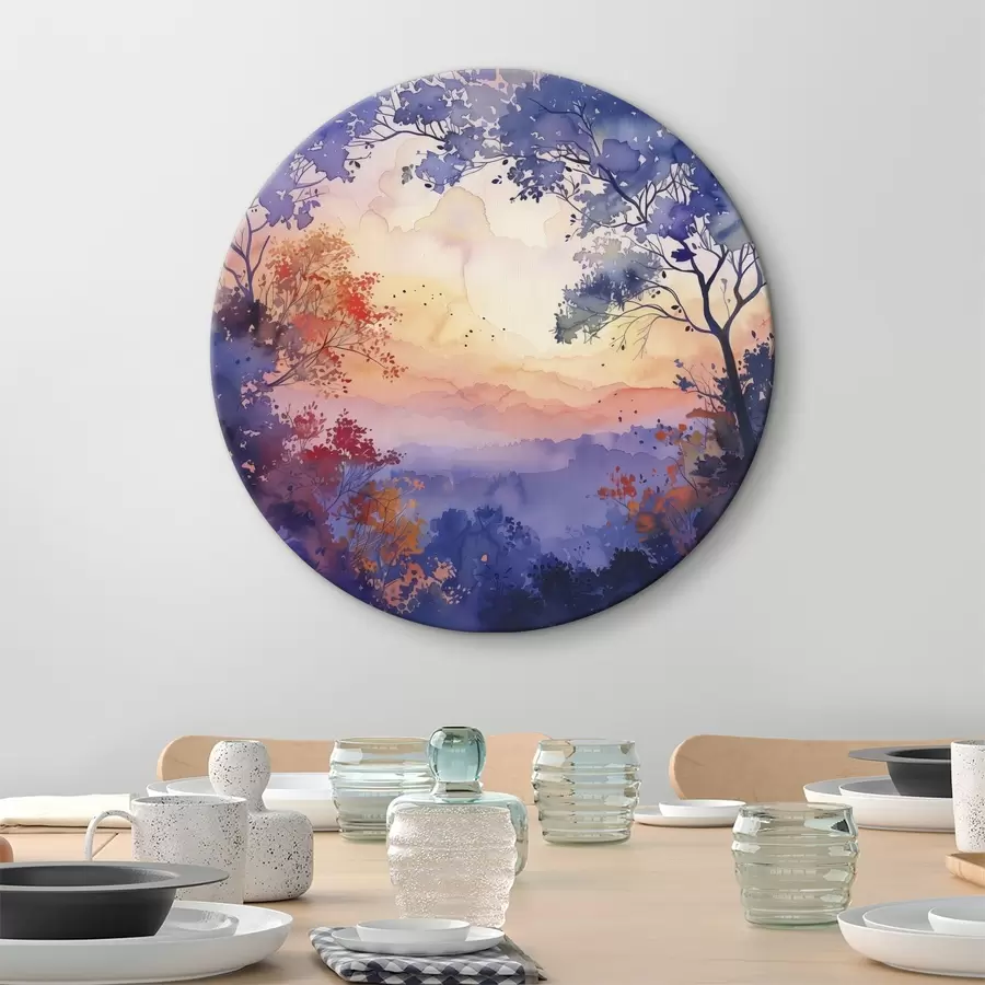 murales de pared Acuarela bosque, puesta de sol, ramas de árboles, púrpura y naranja r40304