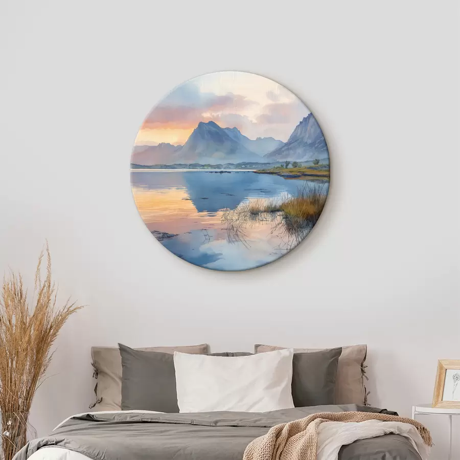 murales de pared Río tranquilo con montañas, amanecer, colores suaves r40307