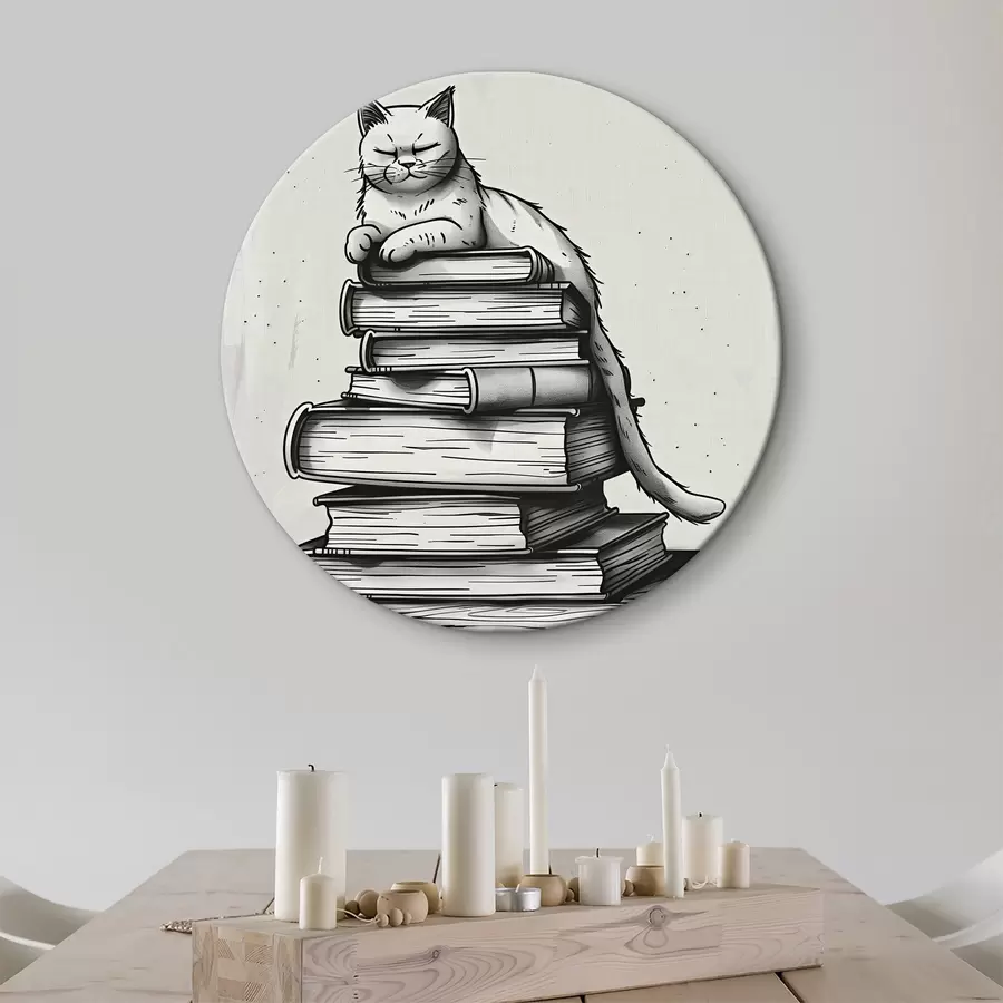 murales de pared Gato blanco y negro sobre una pila de libros r40435