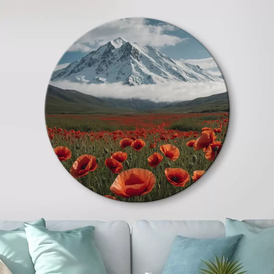 murales de pared Un campo de amapolas sobre un fondo de montañas nevadas r40469