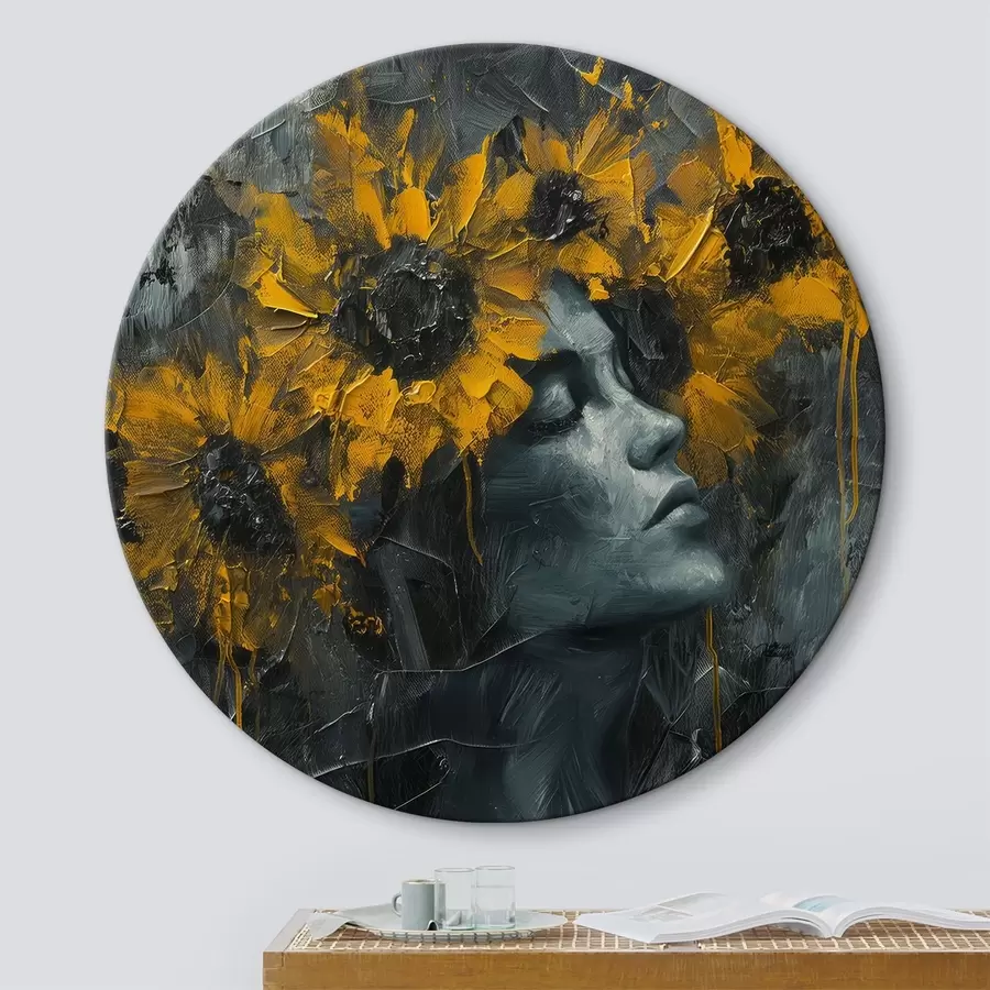 murales de pared Rostro de mujer en tonos grises con girasoles r40500