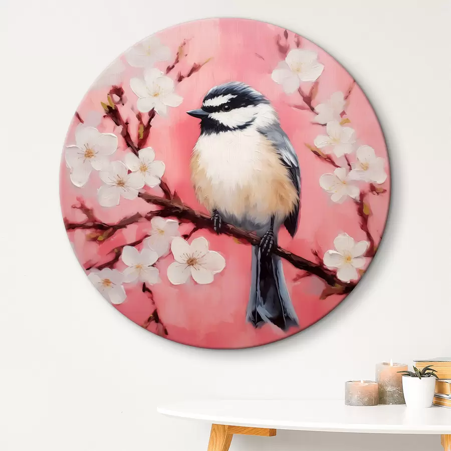 murales de pared El pájaro está sentado en una rama con flores blancas sobre fondo rosa r40517