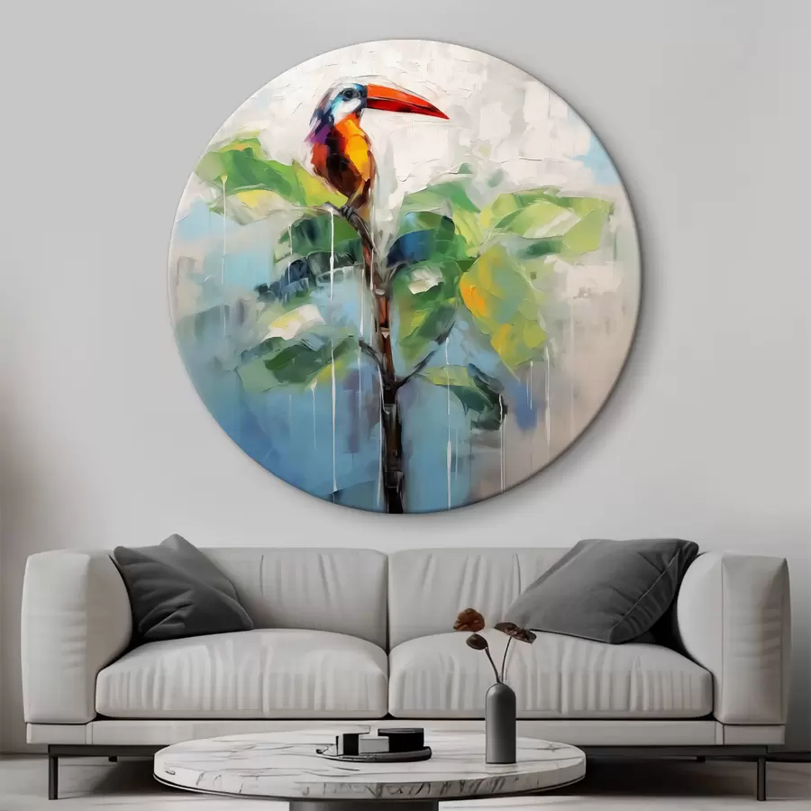 murales de pared Abstracto tucán sentado en la palma de plátano, de color verde, azul, gris, amarillo, rojo r40518