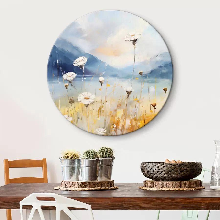 murales de pared Margaritas blancas sobre el fondo de montañas, colores azul, amarillo, naranja r40522