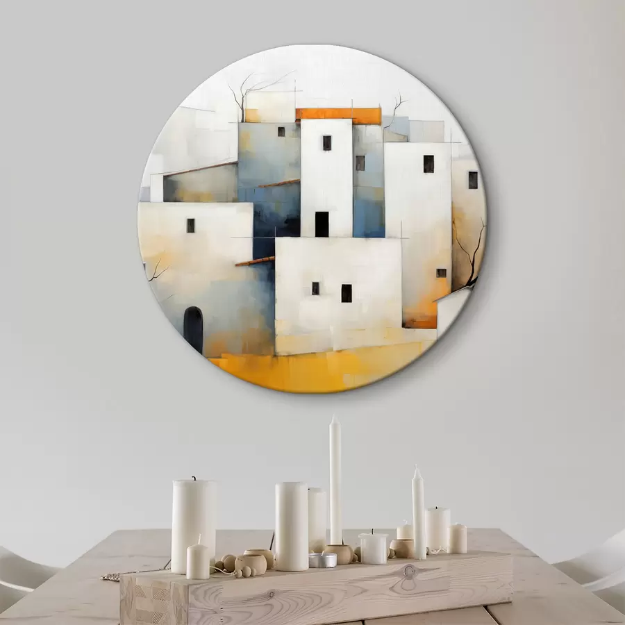 murales de pared Casas abstractas estilizadas en blanco, colores rojo, naranja, amarillo y azul r40531