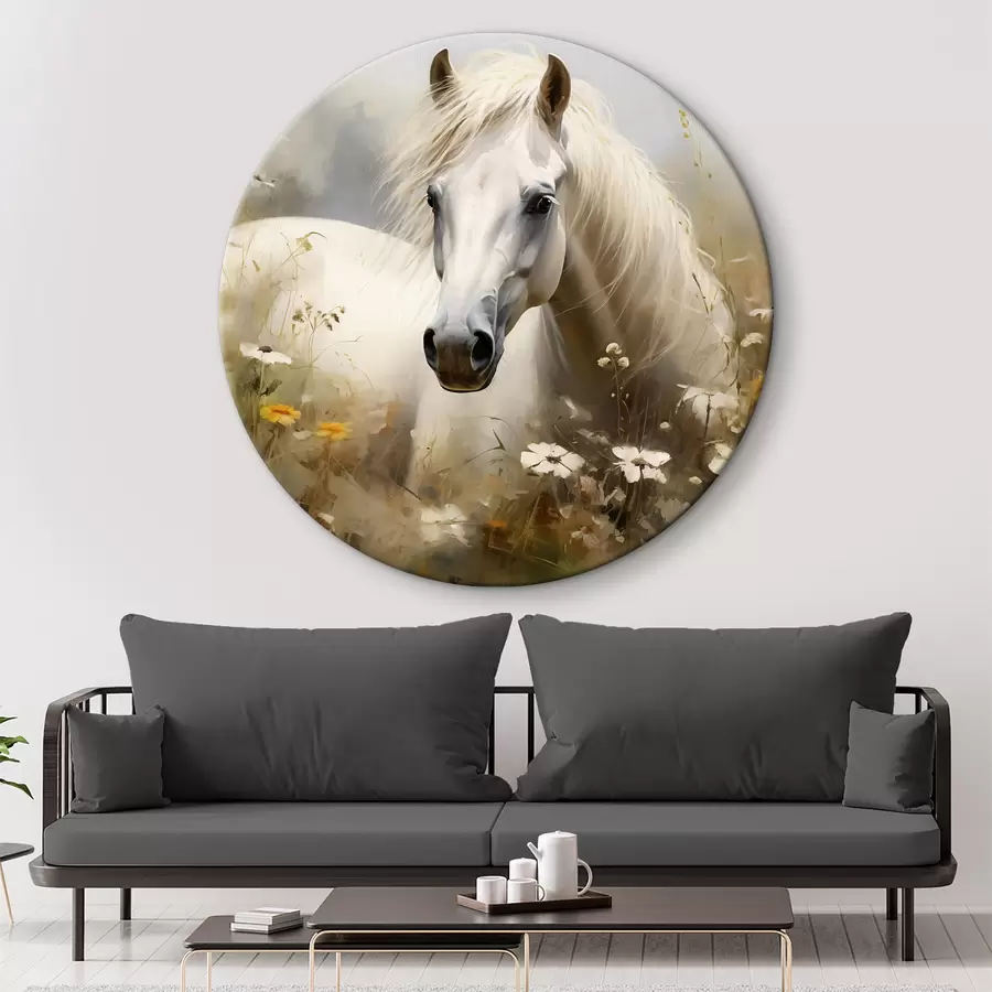 murales de pared Caballo blanco en la hierba entre margaritas r40533