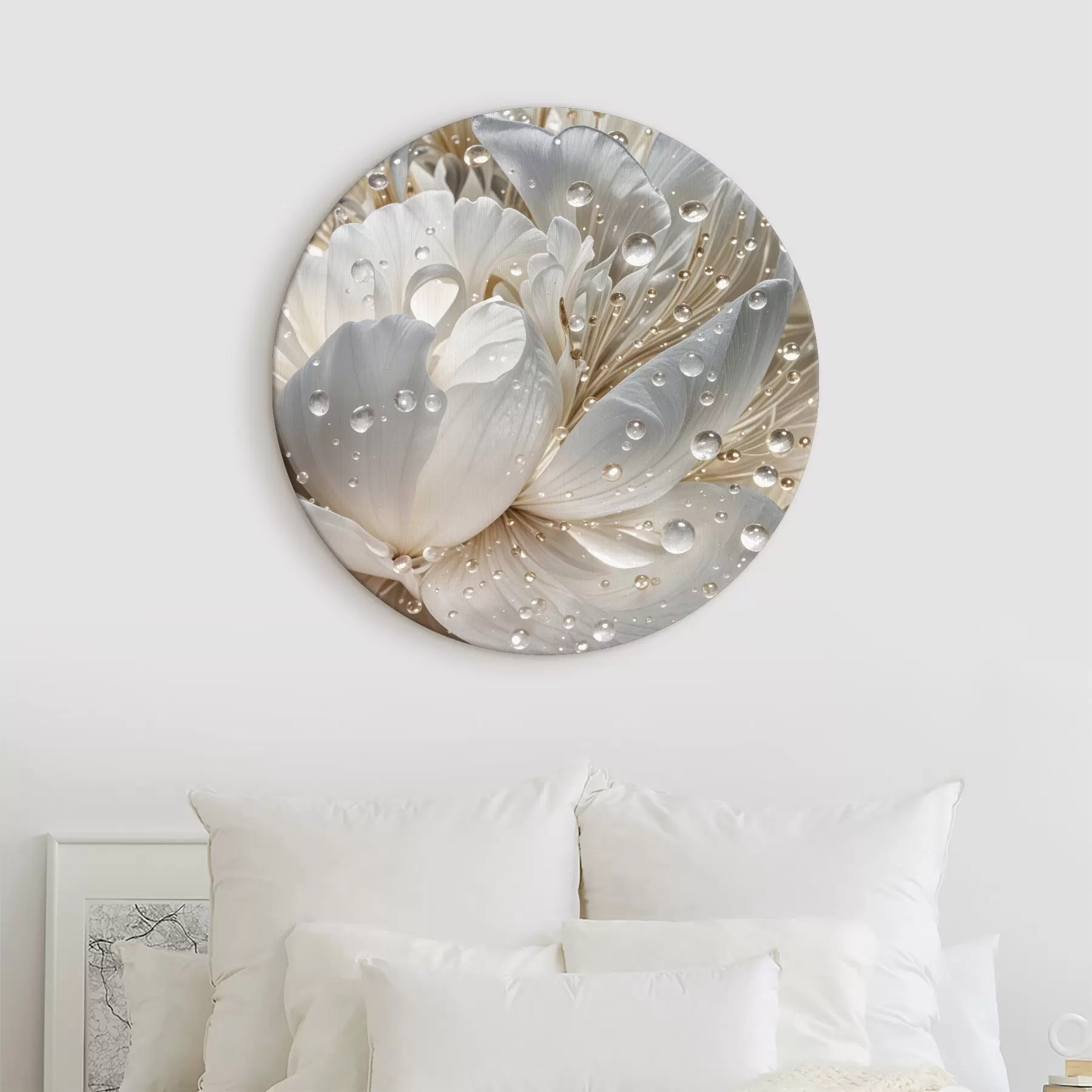 murales de pared Primer plano de una flor de peonía blanca con gotas de agua en los pétalos, sobre fondo difuminado r40539