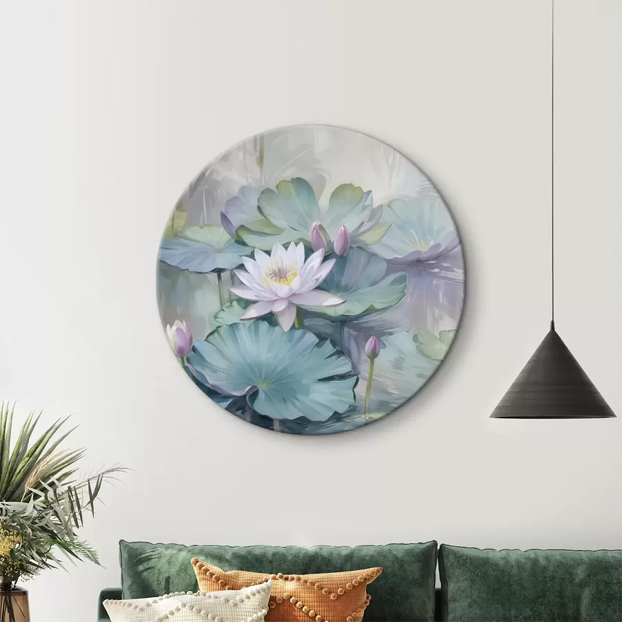 murales de pared Tranquila imagen de un estanque con nenúfares y flores en colores pastel, rodeado de exuberantes hojas verdes de nenúfar r40542