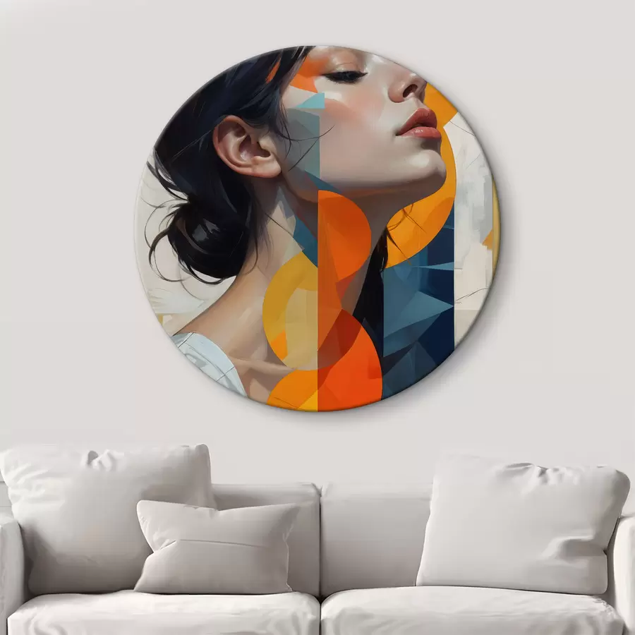 murales de pared Cuadro abstracto que representa a una mujer de pelo largo y oscuro, vestida con una camisa blanca con un colorido estampado geométrico r40543